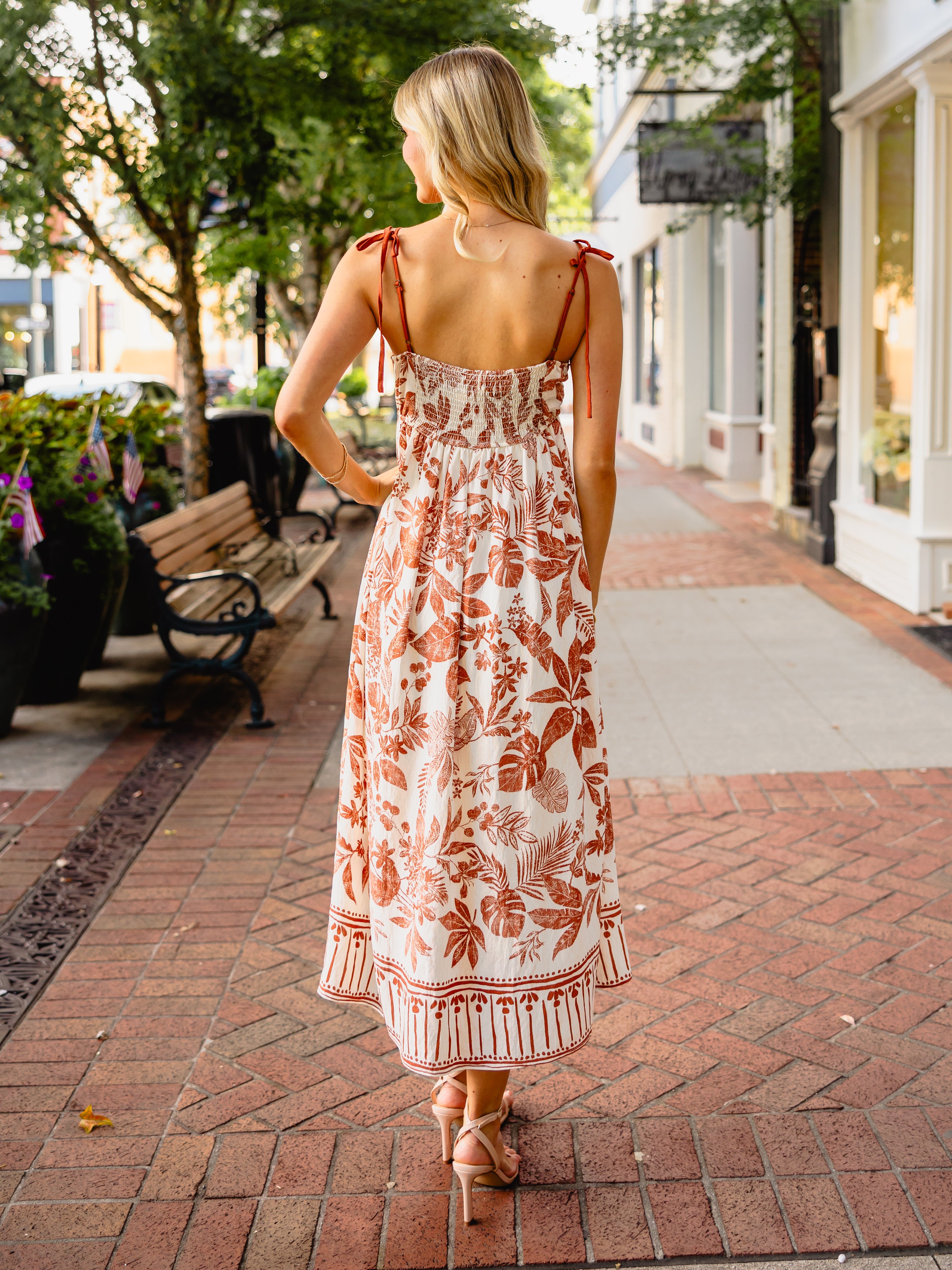 Terracotta leaf print midi dress MEDIUM