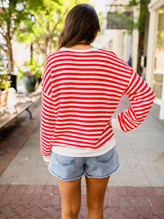 Red & White Striped Textured Pullover