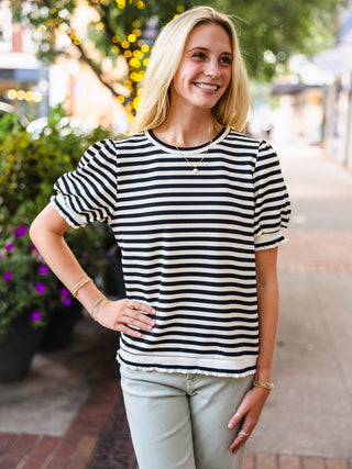 Stripe Half Puff Sleeve Top