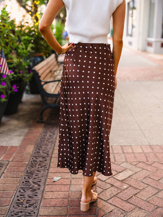 Brown polka dot satin midi skirt