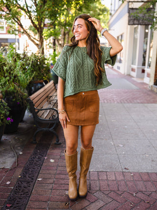 Drop shoulder cable knit sweater