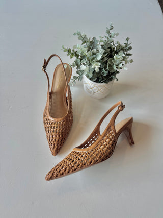 Tan woven sling pump