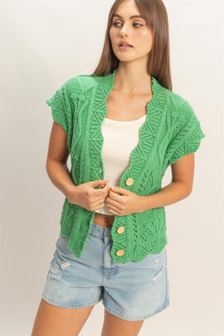 Button front, scallop trim crochet sweater