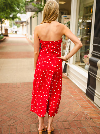 Red polka dot strapless dress