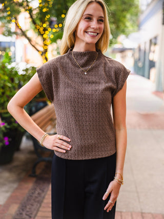 Mocha Textured Cap-Sleeve Mock-Neck Top