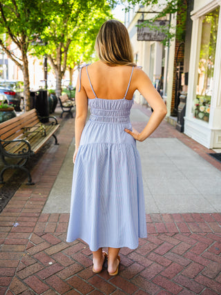 Blue striped sleeveless midi dress