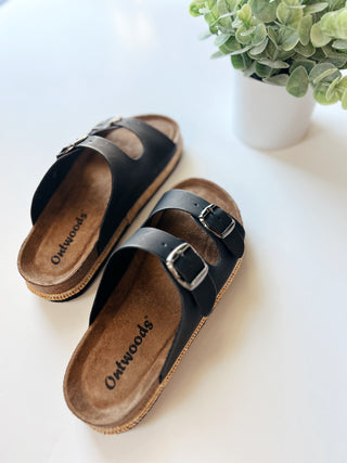 Black double strap slip on sandal
