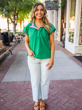 SS Blouse with Plaid Trim