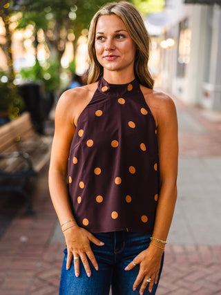 Brown & rust polka dot halter neck top