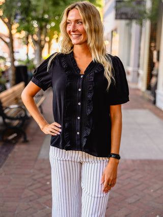 Black ruffle detail button down blouse