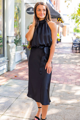 Black halter neck midi dress