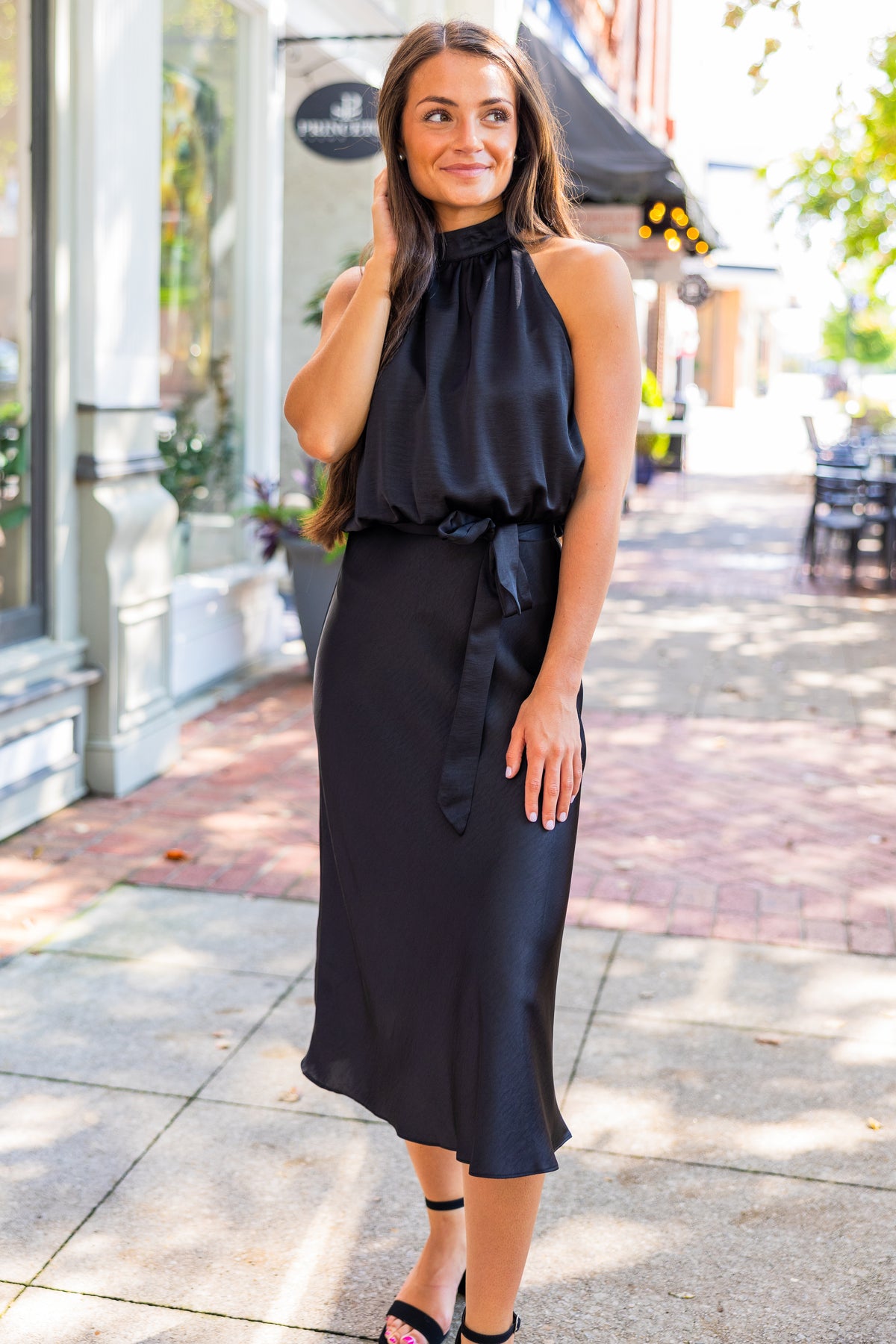 black halter neck midi dress Annita Crepe Halter Midi Dress / Black | MESHKI