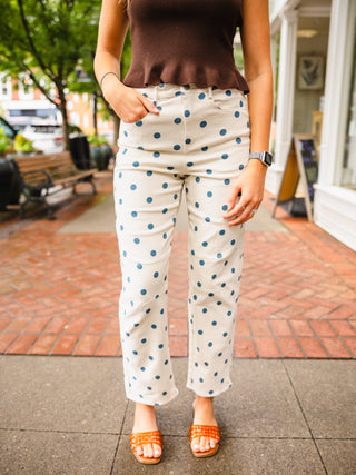 Cream & Blue Polka Dot HR Barrel Jeans