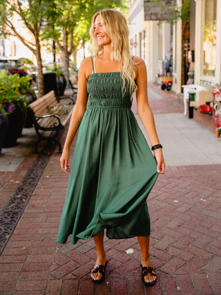 Dark Teal Smocked Midi Dress