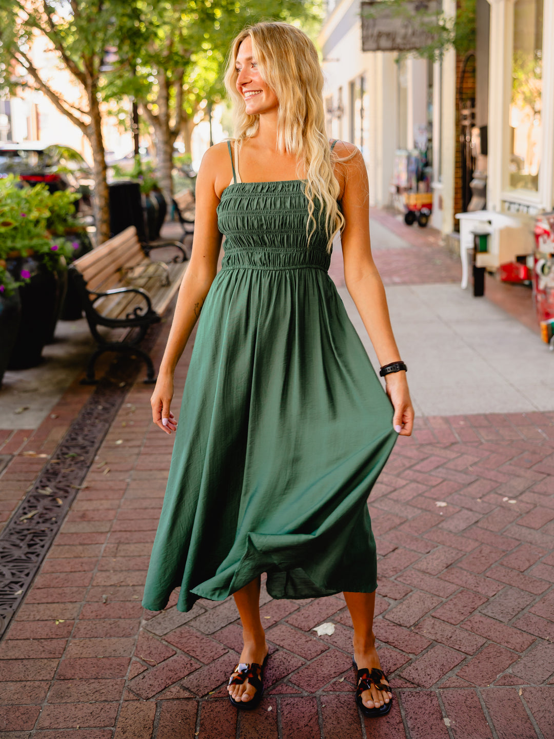 dark green smocked dress Baltic Born Womens Stockholm Smocked Dress | Dark Green