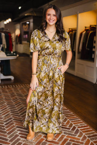 Olive print midi dress
