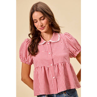 Check button front puff sleeve blouse