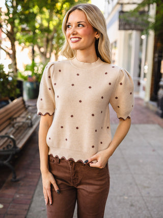 Taupe & Brown Polka-Dot Scalloped-Trim Sweater