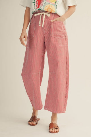 Drawstring waist stripe barrel pants