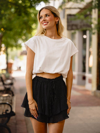 Black polka dot ruffle shorts