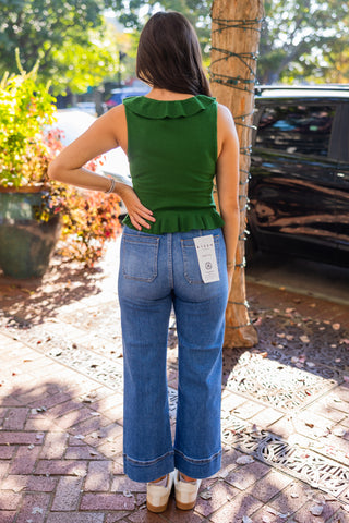 Green ruffle trim sleeveless sweater