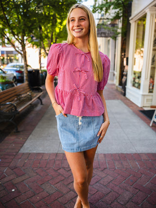 Red Gingham Puff Sleeve Peplum Top