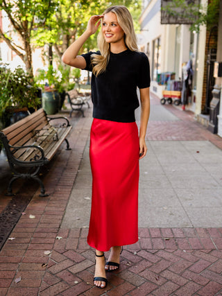 Red satin midi skirt