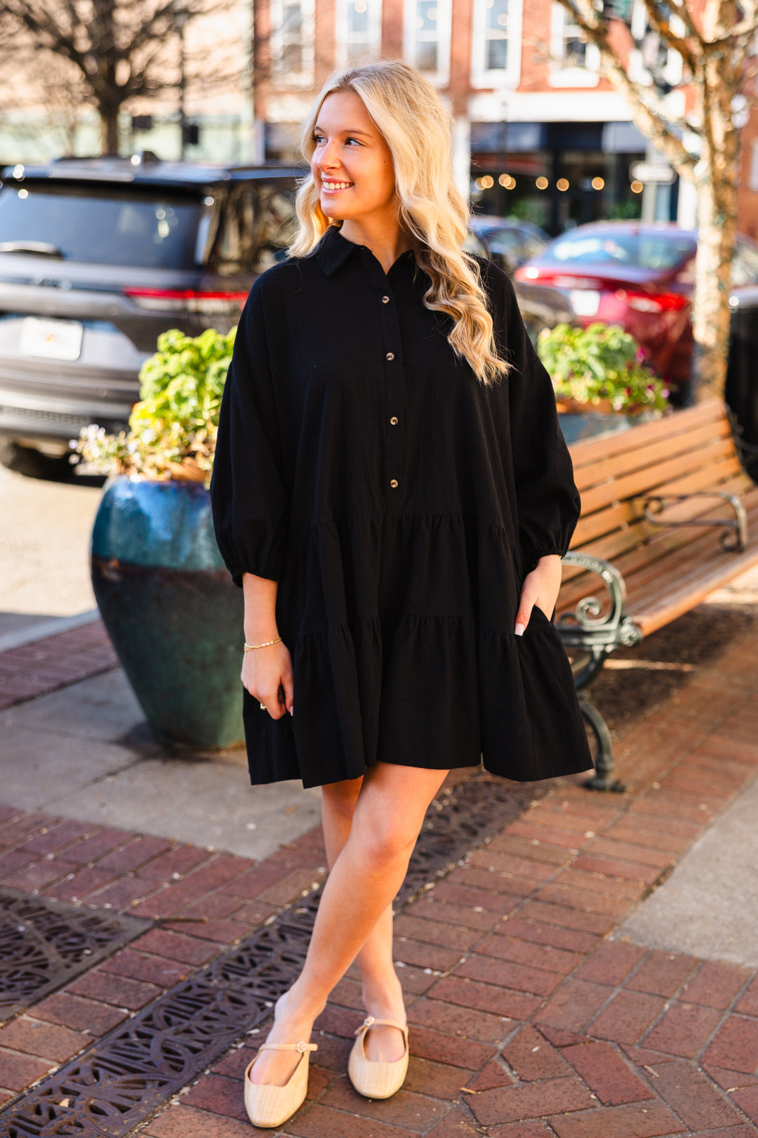 black tiered shirt dress Black Tiered Midi Length Shirt Dress