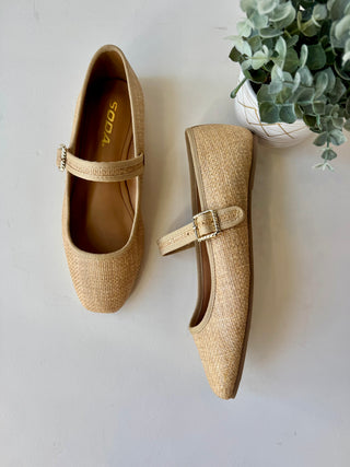 Natural raffia mary jane flats