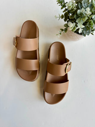 Tan two strap gold buckle sandal