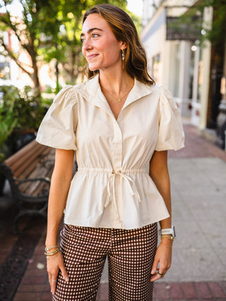 Ecru Puff-Sleeve Tie-Waist Blouse