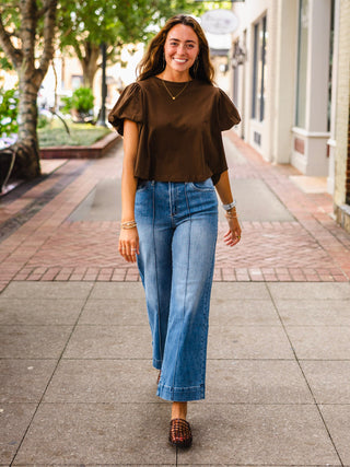 Brown puff short sleeve swing top