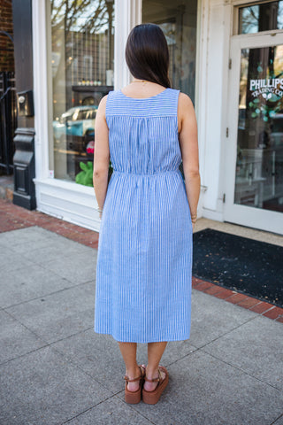 Denim blue striped tie front midi dress