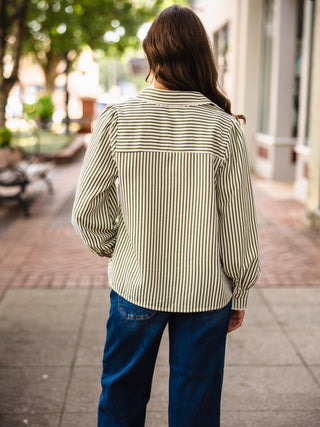 Olive striped LS button down top