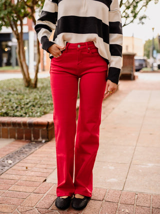 Red high rise straight leg jeans