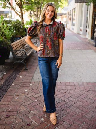 Floral Pintuck Puff-Sleeve Blouse