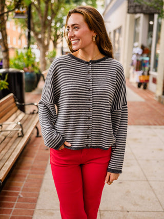 Striped drop shoulder button down cardigan