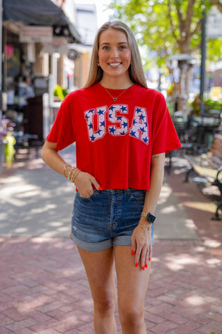 Red USA stars cropped tee