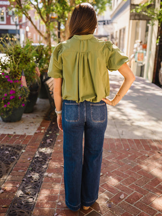 Olive short puff sleeve bubble hem blouse