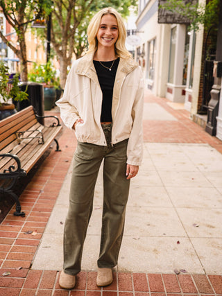 Ecru contrast collar bomber jacket