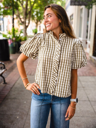 Olive check short puff sleeve blouse