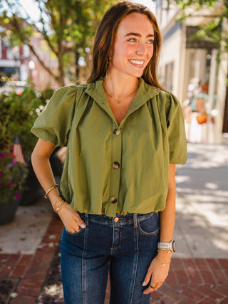 Olive short puff sleeve bubble hem blouse