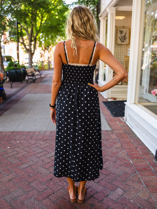 Polka dot smocked midi dress