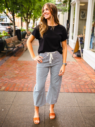 Drawstring waist stripe barrel pants