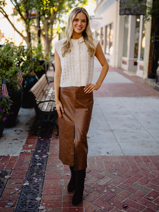 Open knit sleeveless button front top