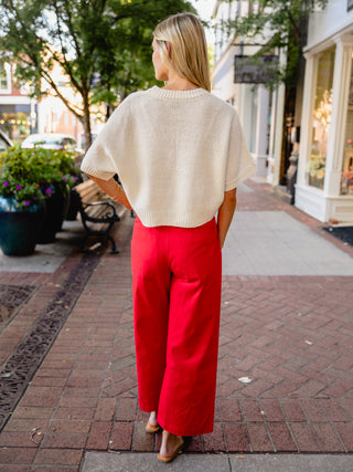 Red scallop pocket pants