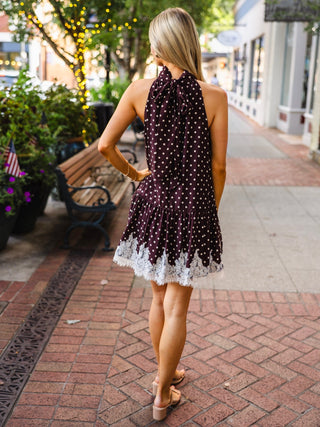 Entro brown polka dot pace trim halter neck dress