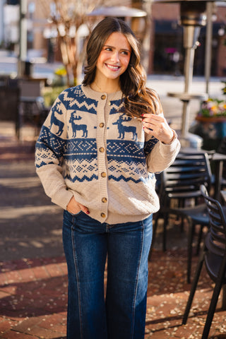 Taupe & blue deer print cardigan