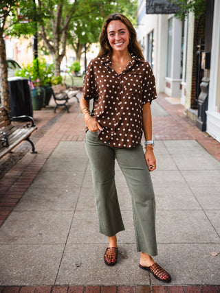 Brown polka dot button down top