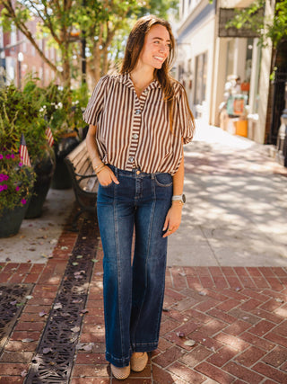 Brown stripe puff sleeve bubble hem blouse
